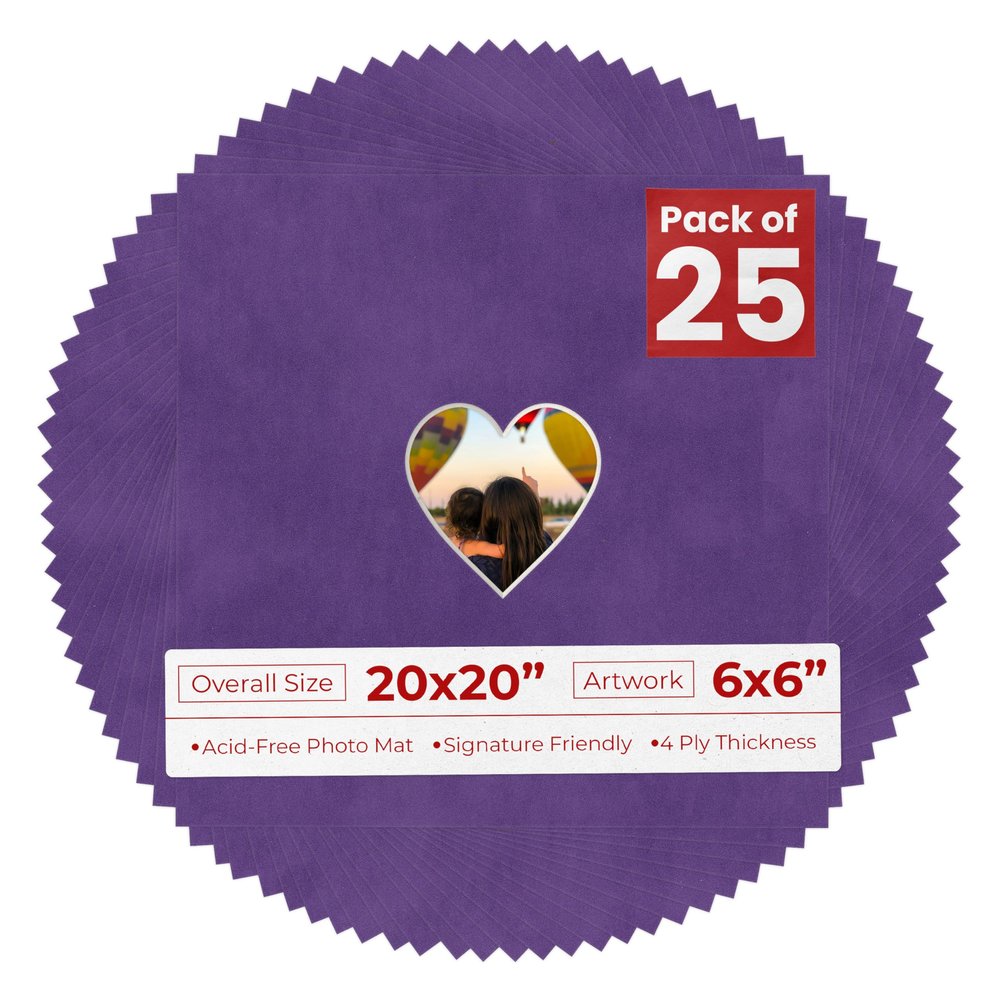 20x20 Mat Bevel Cut for 6x6 Photos - Precut Purple Crocus Suede Heart Shaped Photo Mat Board Opening - Acid Free Matte to Protect Your Pictures - Bevel Cut for Family Photos, Pack of 25 Matboards