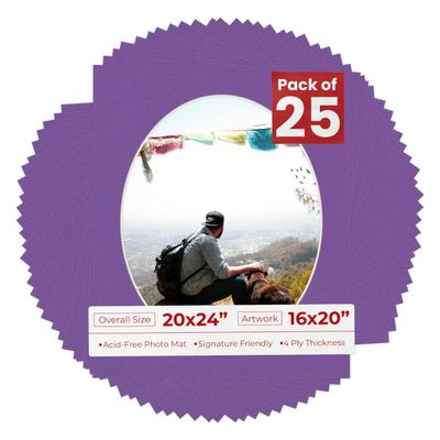 20x24 Mat Bevel Cut for 16x20 Photos - Precut Dark Purple Oval Shaped Photo Mat Board Opening - Acid Free Matte to Protect Your Pictures - Bevel Cut for Family Photos, Pack of 25 Matboards