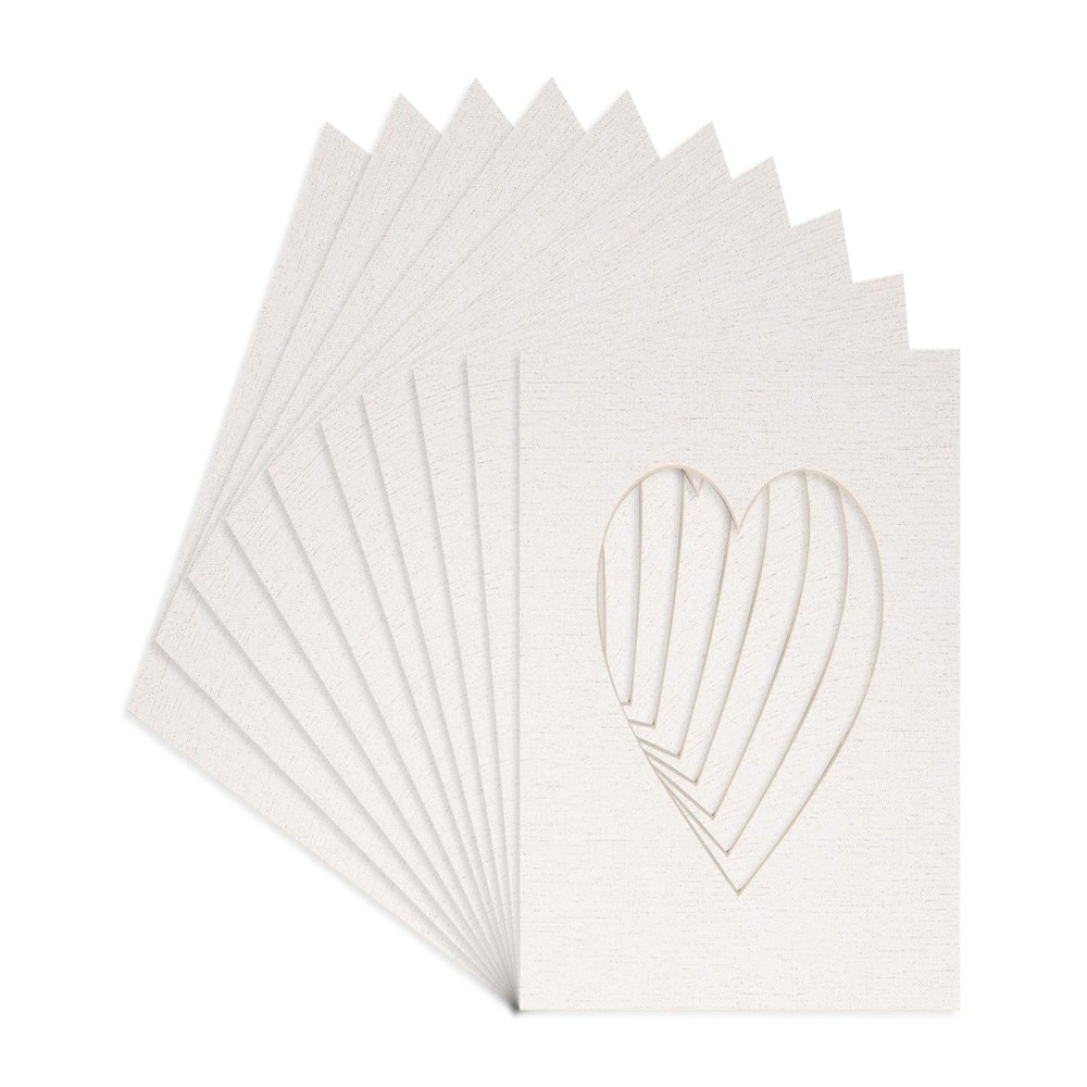 6x6 Mat Bevel Cut for 3x3 Photos - Precut White Linen Canvas Heart Shaped Photo Mat Board Opening - Acid Free Matte to Protect Your Pictures - Bevel Cut for Family Photos, Pack of 10 Matboards