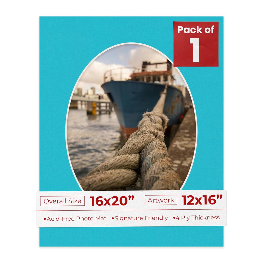 16x20 Mat Bevel Cut for 12x16 Photos - Precut Aquamarine Blue Oval Shaped Photo Mat Board Opening - Acid Free Matte to Protect Your Pictures - Bevel Cut for Family Photos, Pack of 1 Matboard