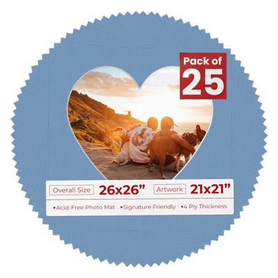 26x26 Mat Bevel Cut for 21x21 Photos - Precut Brittany Blue Heart Shaped Photo Mat Board Opening - Acid Free Matte to Protect Your Pictures - Bevel Cut for Family Photos, Pack of 25 Matboards