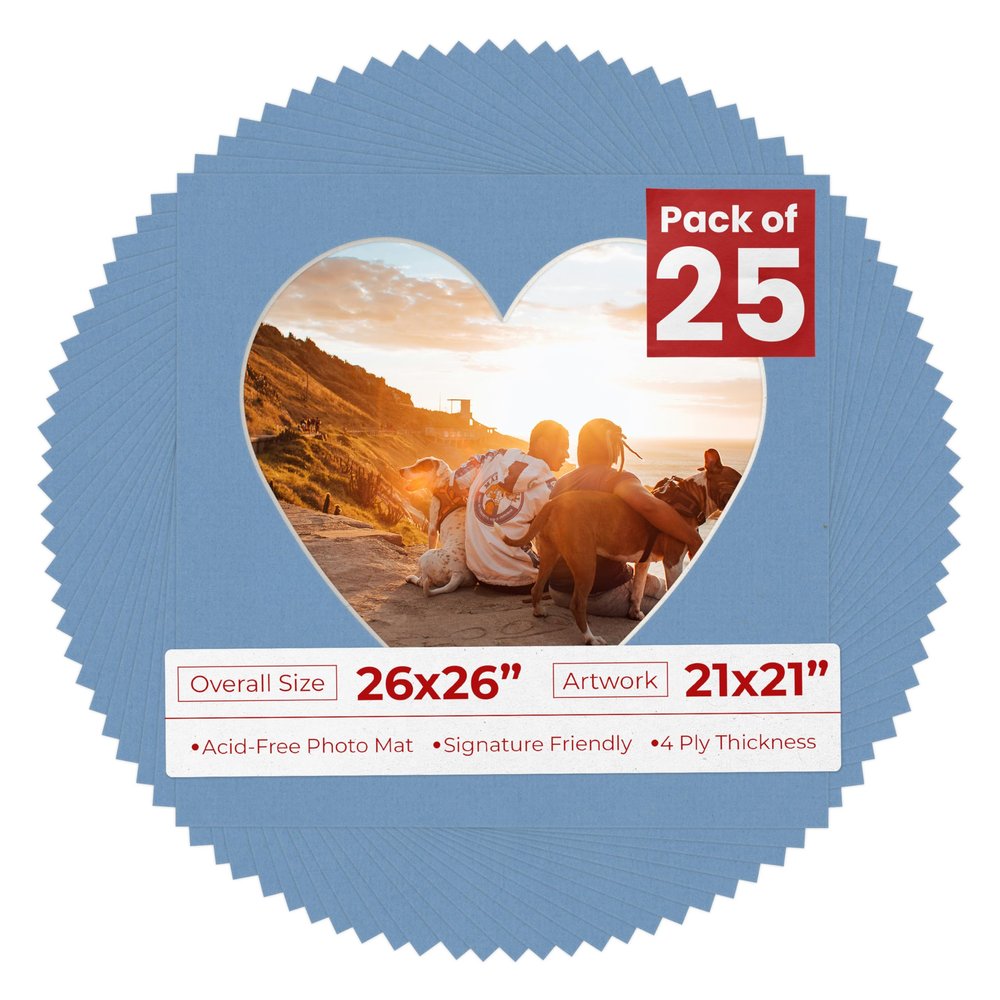 26x26 Mat Bevel Cut for 21x21 Photos - Precut Brittany Blue Heart Shaped Photo Mat Board Opening - Acid Free Matte to Protect Your Pictures - Bevel Cut for Family Photos, Pack of 25 Matboards