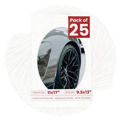 11x17 Mat Bevel Cut for 9.5x13 Photos - Precut White Linen Canvas Oval Shaped Photo Mat Board Opening - Acid Free Matte to Protect Your Pictures - Bevel Cut for Family Photos, Pack of 25 Matboards