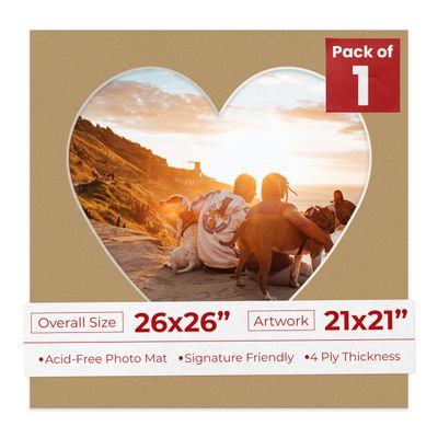 26x26 Mat Bevel Cut for 21x21 Photos - Precut Rattan Beige Heart Shaped Photo Mat Board Opening - Acid Free Matte to Protect Your Pictures - Bevel Cut for Family Photos, Pack of 1 Matboard