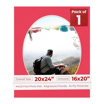 20x24 Mat Bevel Cut for 16x20 Photos - Precut Cardinal Red Oval Shaped Photo Mat Board Opening - Acid Free Matte to Protect Your Pictures - Bevel Cut for Family Photos, Pack of 1 Matboard