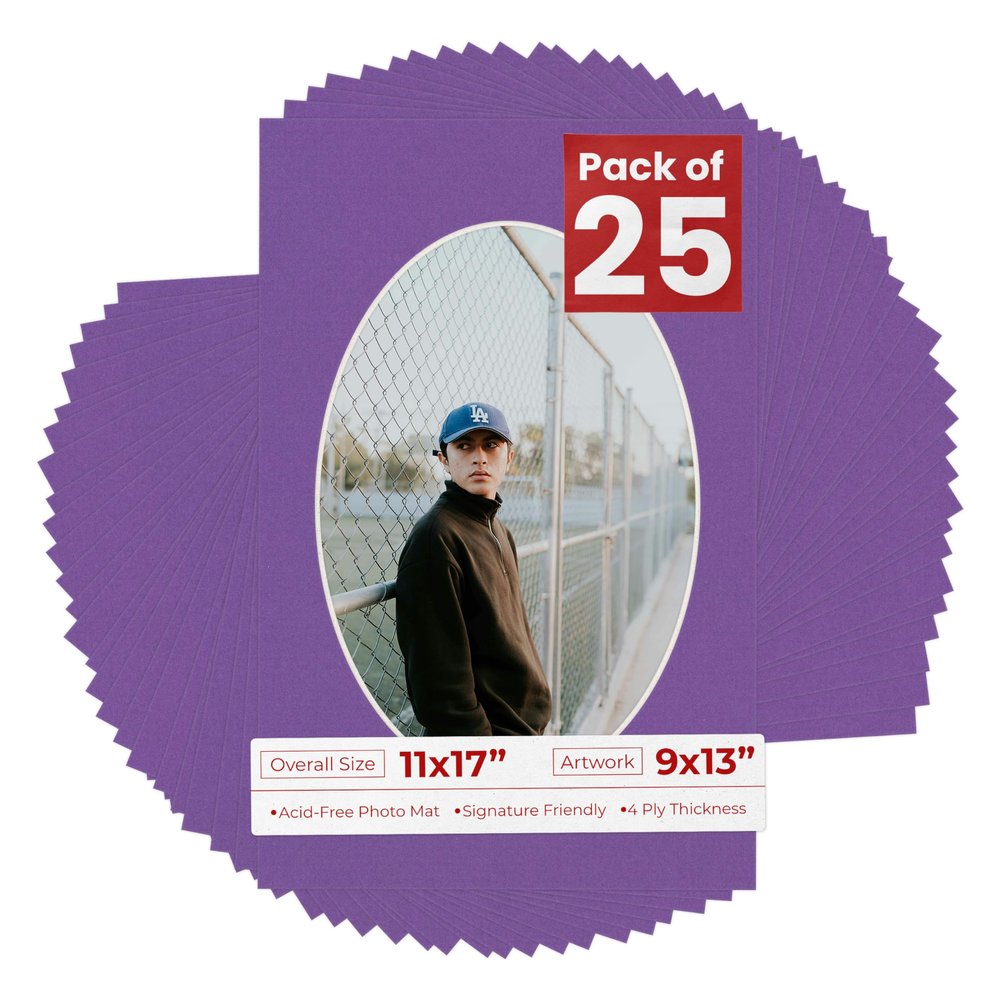 11x17 Mat Bevel Cut for 9x13 Photos - Precut Dark Purple Oval Shaped Photo Mat Board Opening - Acid Free Matte to Protect Your Pictures - Bevel Cut for Family Photos, Pack of 25 Matboards