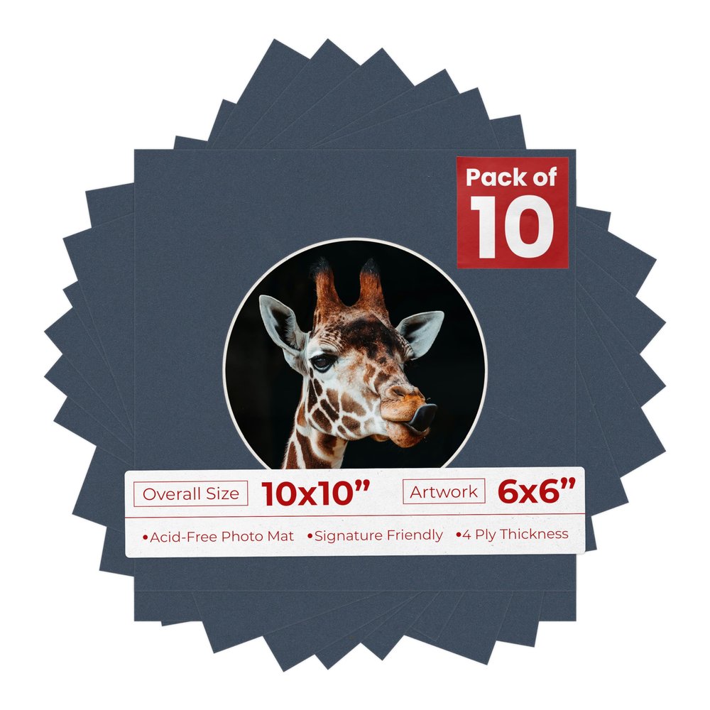 Poster Palooza 10x10 Photo Mat Board for 6x6 Photos Precut Circle Shape Opening Acid Free Bevel Cut Picture Frame Mat, Steel Blue, Mat Board for Framing Photos & Artwork, 10-Pack Matboards