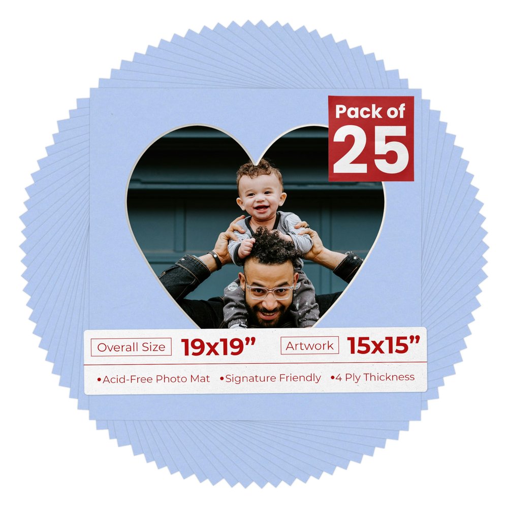 19x19 Mat Bevel Cut for 15x15 Photos - Precut Baby Blue Heart Shaped Photo Mat Board Opening - Acid Free Matte to Protect Your Pictures - Bevel Cut for Family Photos, Pack of 25 Matboards