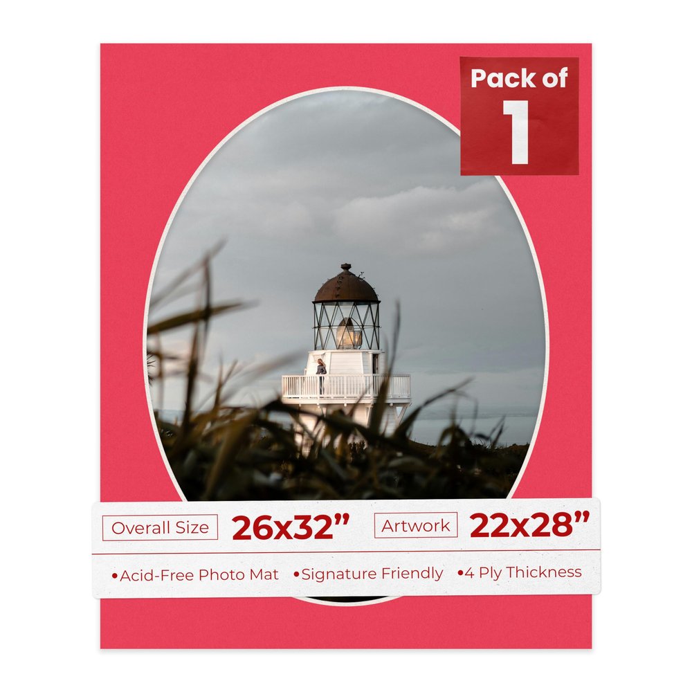 26x32 Mat Bevel Cut for 22x28 Photos - Precut Cardinal Red Oval Shaped Photo Mat Board Opening - Acid Free Matte to Protect Your Pictures - Bevel Cut for Family Photos, Pack of 1 Matboard