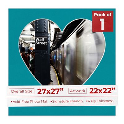 27x27 Mat Bevel Cut for 22x22 Photos - Precut Teal Blue Heart Shaped Photo Mat Board Opening - Acid Free Matte to Protect Your Pictures - Bevel Cut for Family Photos, Pack of 1 Matboard