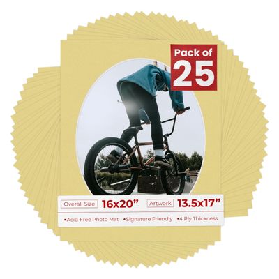 16x20 Mat Bevel Cut for 13.5x17 Photos - Precut Soft Yellow Oval Shaped Photo Mat Board Opening - Acid Free Matte to Protect Your Pictures - Bevel Cut for Family Photos, Pack of 25 Matboards