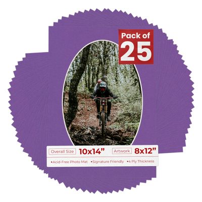10x14 Mat Bevel Cut for 8x12 Photos - Precut Dark Purple Oval Shaped Photo Mat Board Opening - Acid Free Matte to Protect Your Pictures - Bevel Cut for Family Photos, Pack of 25 Matboards