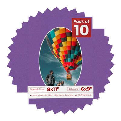 8x11 Mat Bevel Cut for 6x9 Photos - Precut Dark Purple Oval Shaped Photo Mat Board Opening - Acid Free Matte to Protect Your Pictures - Bevel Cut for Family Photos, Pack of 10 Matboards
