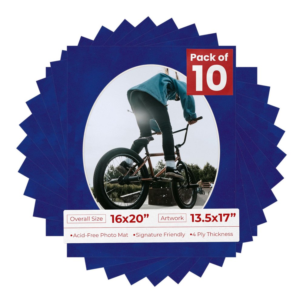 16x20 Mat Bevel Cut for 13.5x17 Photos - Precut Royal Blue Suede Oval Shaped Photo Mat Board Opening - Acid Free Matte to Protect Your Pictures - Bevel Cut for Family Photos, Pack of 10 Matboards