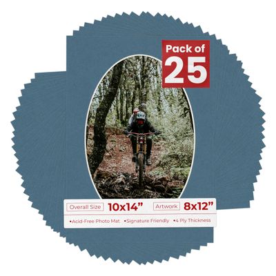 10x14 Mat Bevel Cut for 8x12 Photos - Precut Steel Blue Oval Shaped Photo Mat Board Opening - Acid Free Matte to Protect Your Pictures - Bevel Cut for Family Photos, Pack of 25 Matboards