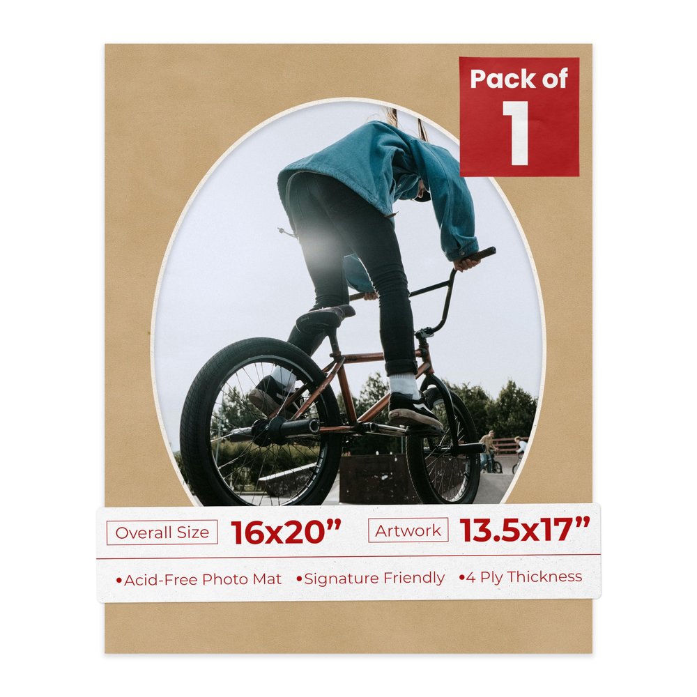 16x20 Mat Bevel Cut for 13.5x17 Photos - Precut Beige Suede Oval Shaped Photo Mat Board Opening - Acid Free Matte to Protect Your Pictures - Bevel Cut for Family Photos, Pack of 1 Matboard
