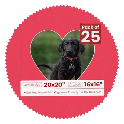 20x20 Mat Bevel Cut for 16x16 Photos - Precut Cardinal Red Heart Shaped Photo Mat Board Opening - Acid Free Matte to Protect Your Pictures - Bevel Cut for Family Photos, Pack of 25 Matboards