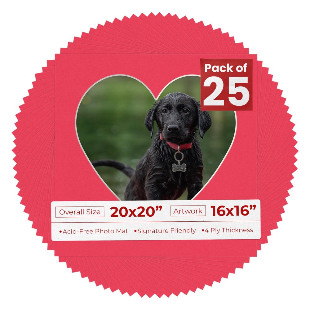 20x20 Mat Bevel Cut for 16x16 Photos - Precut Cardinal Red Heart Shaped Photo Mat Board Opening - Acid Free Matte to Protect Your Pictures - Bevel Cut for Family Photos, Pack of 25 Matboards