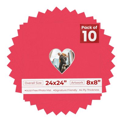 24x24 Mat Bevel Cut for 8x8 Photos - Precut Cardinal Red Heart Shaped Photo Mat Board Opening - Acid Free Matte to Protect Your Pictures - Bevel Cut for Family Photos, Pack of 10 Matboards