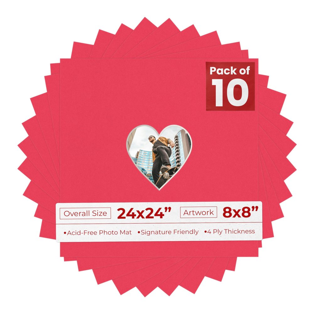 24x24 Mat Bevel Cut for 8x8 Photos - Precut Cardinal Red Heart Shaped Photo Mat Board Opening - Acid Free Matte to Protect Your Pictures - Bevel Cut for Family Photos, Pack of 10 Matboards