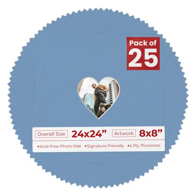 24x24 Mat Bevel Cut for 8x8 Photos - Precut Brittany Blue Heart Shaped Photo Mat Board Opening - Acid Free Matte to Protect Your Pictures - Bevel Cut for Family Photos, Pack of 25 Matboards