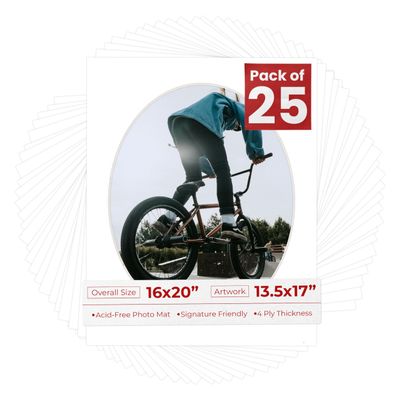 Poster Palooza 16x20 Mat Bevel Cut for 13.5x17 Photos - Precut White Oval Shaped Photo Mat Board Opening - Acid Free Matte to Protect Your Pictures - Bevel Cut for Family Photos, Pack of 25 Matboards