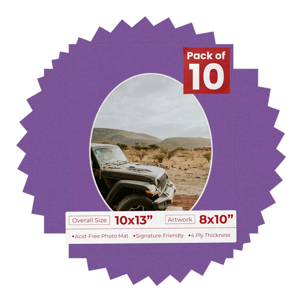 10x13 Mat Bevel Cut for 8x10 Photos - Precut Dark Purple Oval Shaped Photo Mat Board Opening - Acid Free Matte to Protect Your Pictures - Bevel Cut for Family Photos, Pack of 10 Matboards