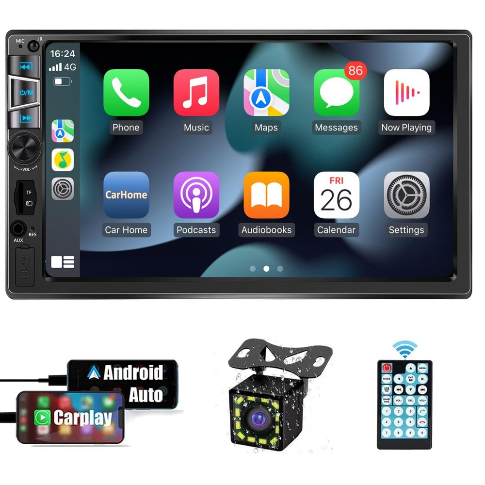 New Double Din Car Stereo with Wireless CarPlay & Android Auto, 7 in HD Car Radio with Bluetooth, USB/SD/AUX Input, FM, SWC, Subwoofer Support -HD Touchscreen Radio for Seamless Car Audio Integration