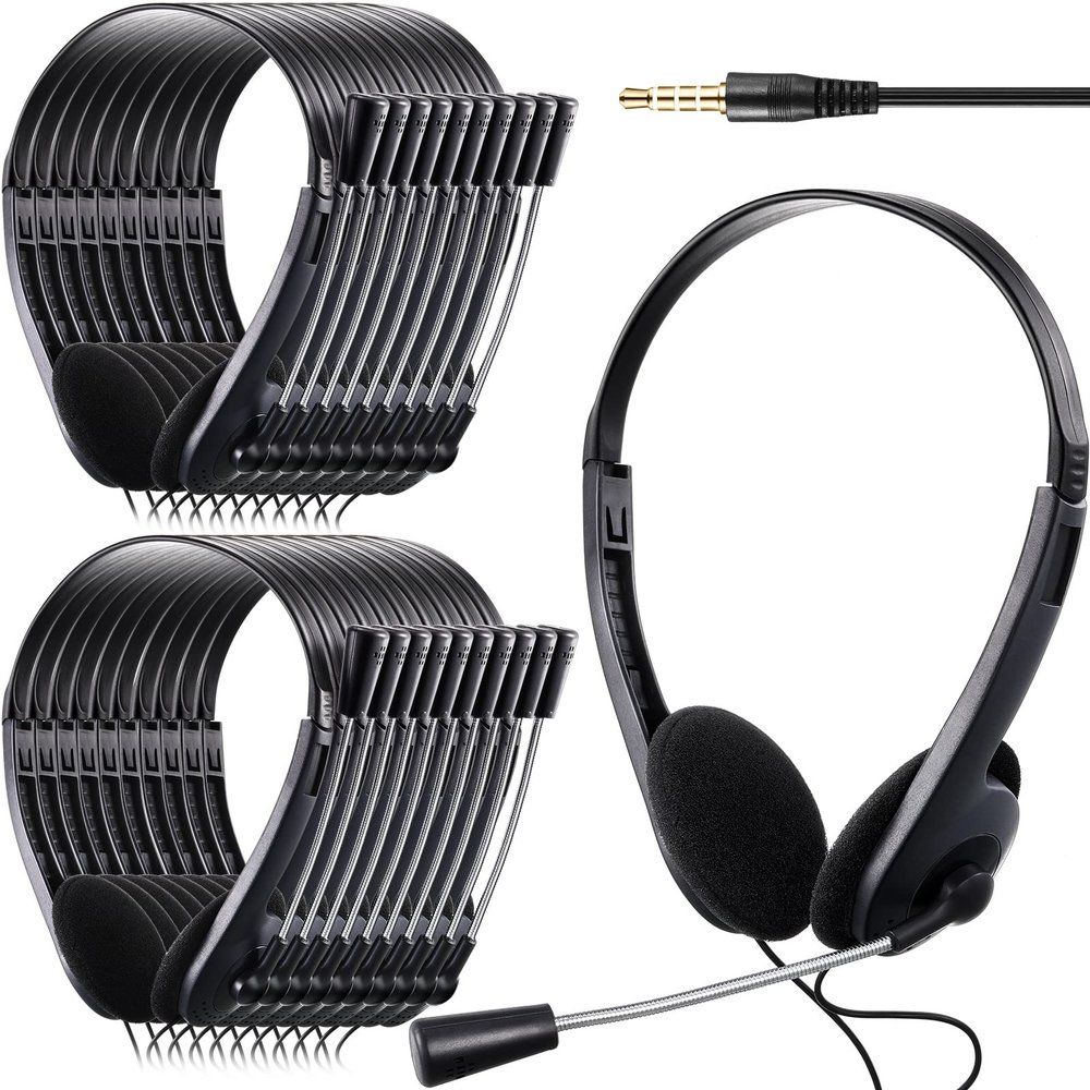 Yunsailing 30 Pack Classroom Headphones with Microphone Headphones Bulk Class Set Lightweight Adjustable Earphones on Ear with 3.5 mm Jack(Metal Stem)