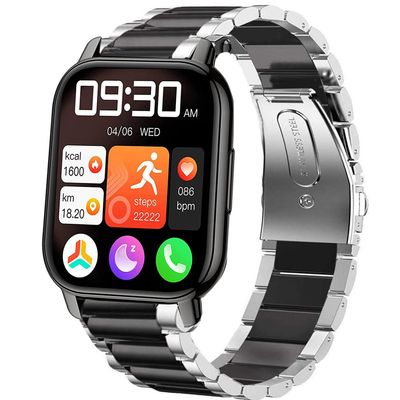 Lamshaw Stainless Steel Metal Replacement Strap Bracelet for Popglory 1.85'' P66/LESHIDO CS08 Smart Watch (Silver-Black, 5.71 inches)