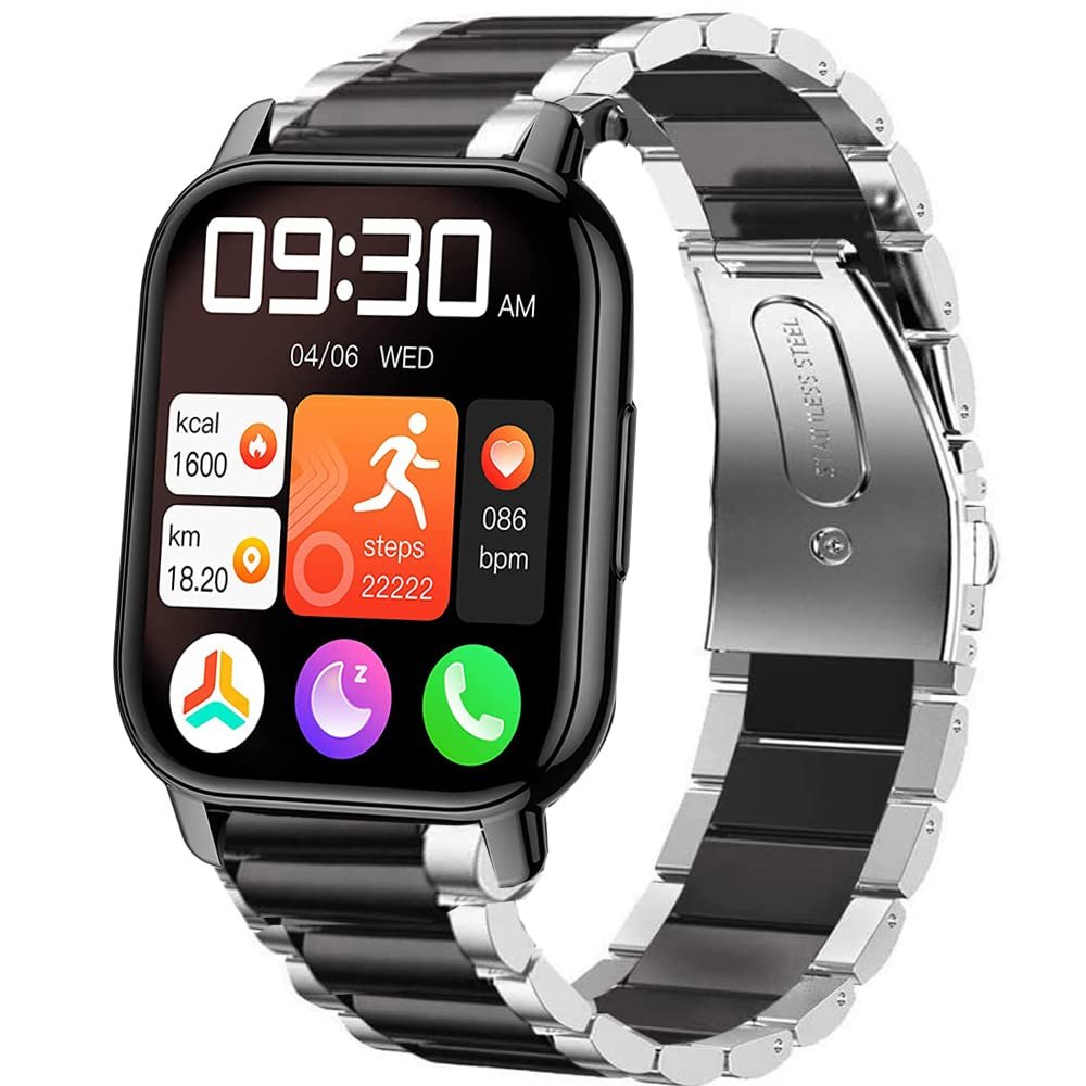 Lamshaw Stainless Steel Metal Replacement Strap Bracelet for Popglory 1.85'' P66/LESHIDO CS08 Smart Watch (Silver-Black, 5.71 inches)