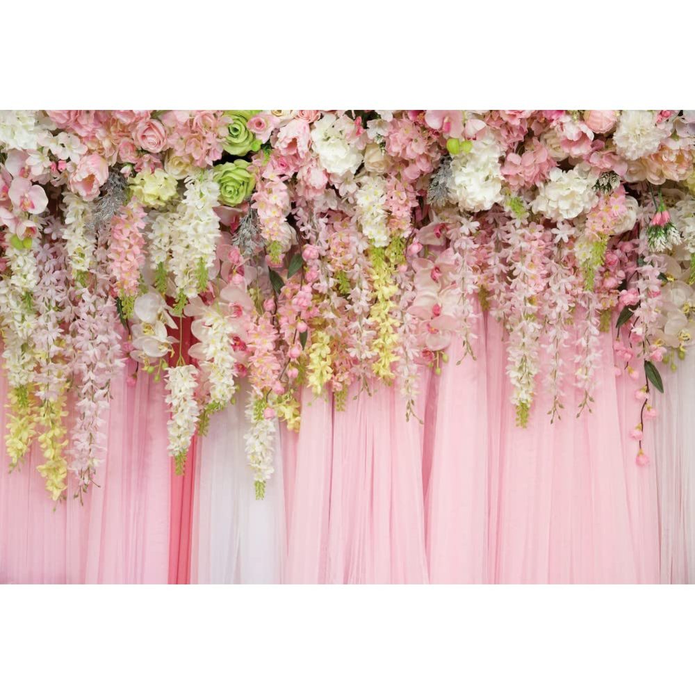 Renaiss 8x6ft Bridal Shower Wedding Backdrop Pink Chiffon Flower Wall Photography Background Vinyl White Pink Rose Anniversary Baby Shower Girls Birthday Party Decor Banner Photo Studio Booth Props