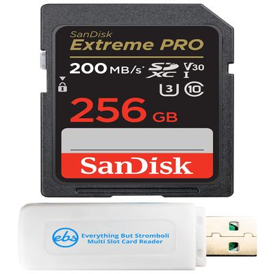 SanDisk 256GB Extreme Pro UHS-I SD U3 A2 V30 Memory Card Works with Sony Mirrorless Camera A7R V, ZV-1F and FX30 (SDSDXXD-256G-GN4IN) 4K UHD Bundle with (1) Everything But Stromboli SDXC Card Reader