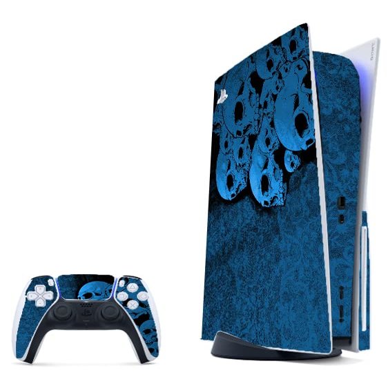 LidStyles Console Skin Protector Decal Compatible with Playstation 5 (PS5) (Black Blue Skulls)