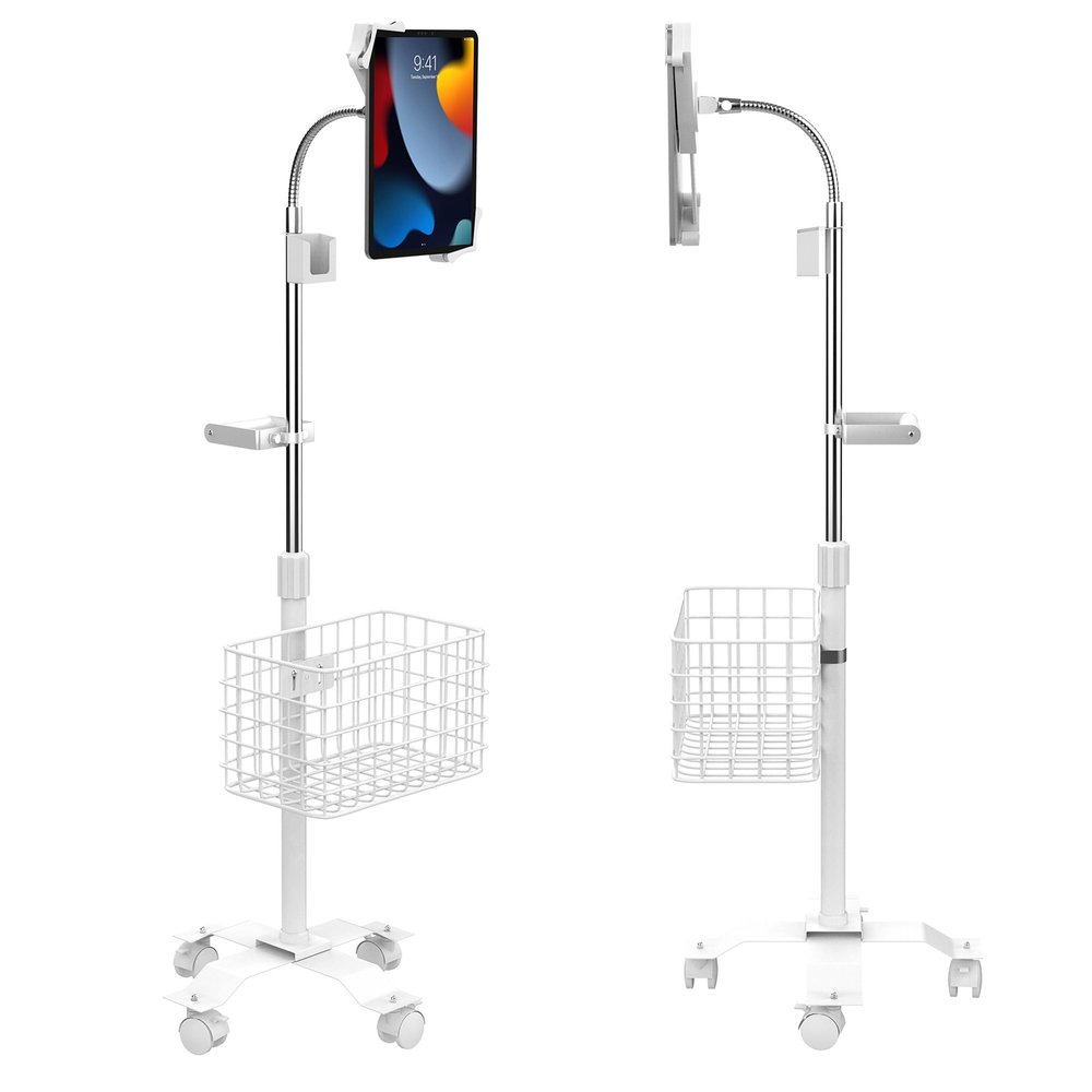 Rolling Gooseneck Floor Stand | CTA Rolling Gooseneck Stand W/Metal Basket, Cradle, and Handle | for Apple iPad 7/8/9 Gen. 10.2" Inch | iPad Pro 11" Inch & 12" Inch | Samsung A7 & A8 | (PAD-CGSWAO)
