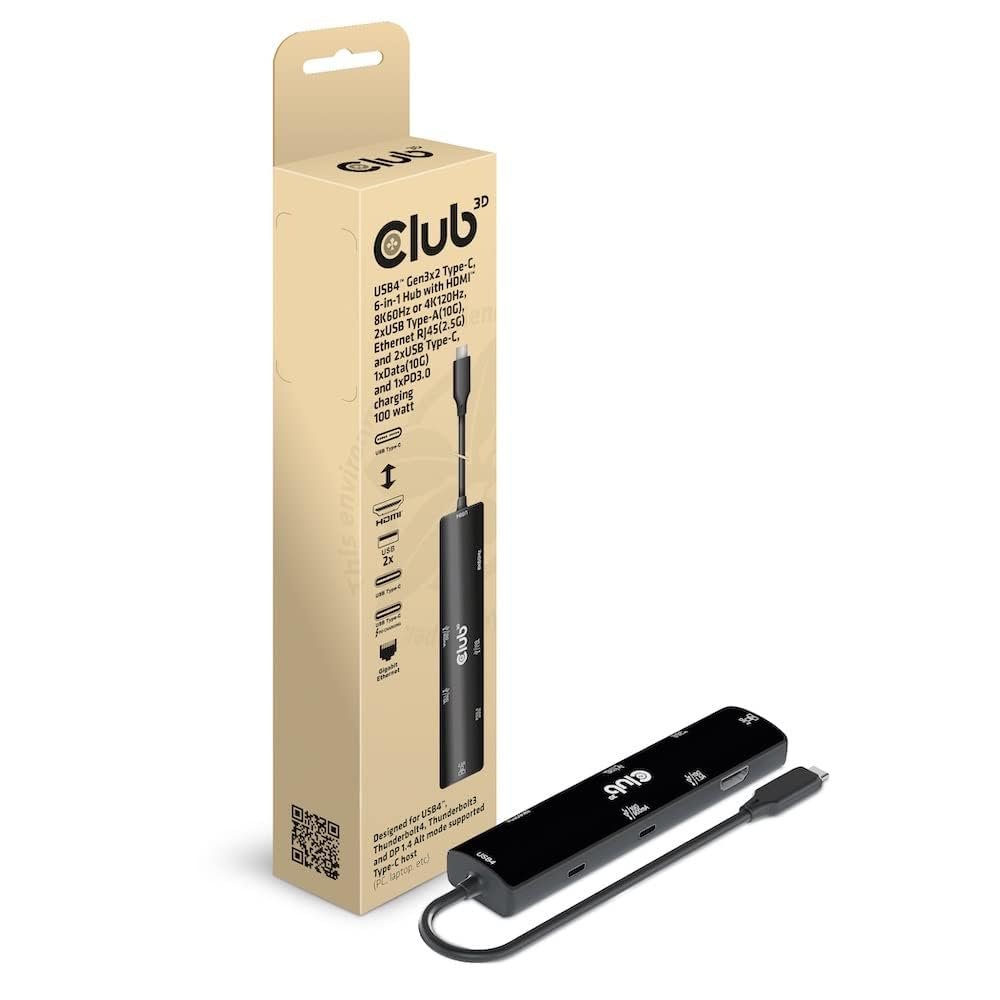Club 3D CSV-1599 USB4 Gen3x2 Type-C, 6-in-1 Hub with HDMI 8K60Hz or 4K120Hz, 2xUSB Type-A (10G), Ethernet RJ45(2.5G) and 2xUSB Type-C, 1x Data (10G) and 1 x PD3. .0 charging 100 watts