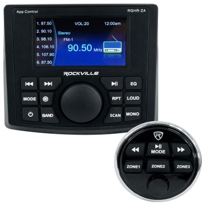 Rockville RGHR-ZA 4 Zone Marine Gauge Hole Digital Media Receiver, 72W, Bluetooth App Control, Wired Remote, IP66 Waterproof, for Boats and Marine Audio Systems