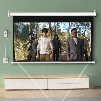 Projection Screen 60 Inch with Remote, 4:3 HD Projector Movie Screen, Foldable Motorised Movie Screen, Anti-Crease, for Home - Easy Ceiling or Wall Installation