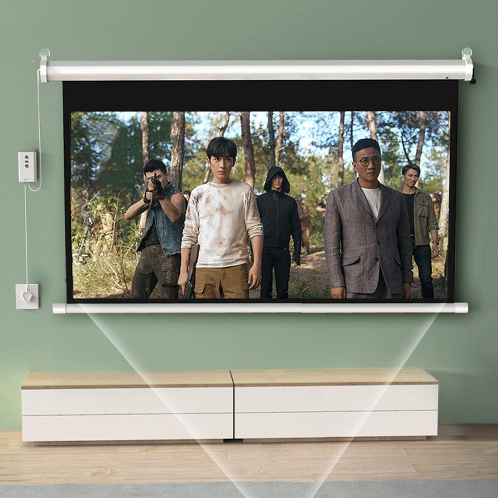 Projection Screen 60 Inch with Remote, 4:3 HD Projector Movie Screen, Foldable Motorised Movie Screen, Anti-Crease, for Home - Easy Ceiling or Wall Installation
