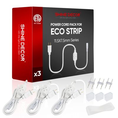 Shine Decor 5FT Power Cord Kit, Replacement for 120 VAC Single White IP65 Waterproof Connectable 11.5x7.5mm Eco LED Strip Lights Only, Pack of 3 with Pins End Caps and Heatshrink Tubes