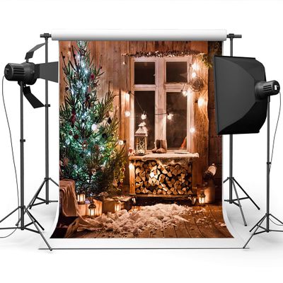 10X20ft Christmas Fireplace Photo Backdrop Wood House Snow Winter Gifts Decoration Photography Background Newborn Portrait Photography Background