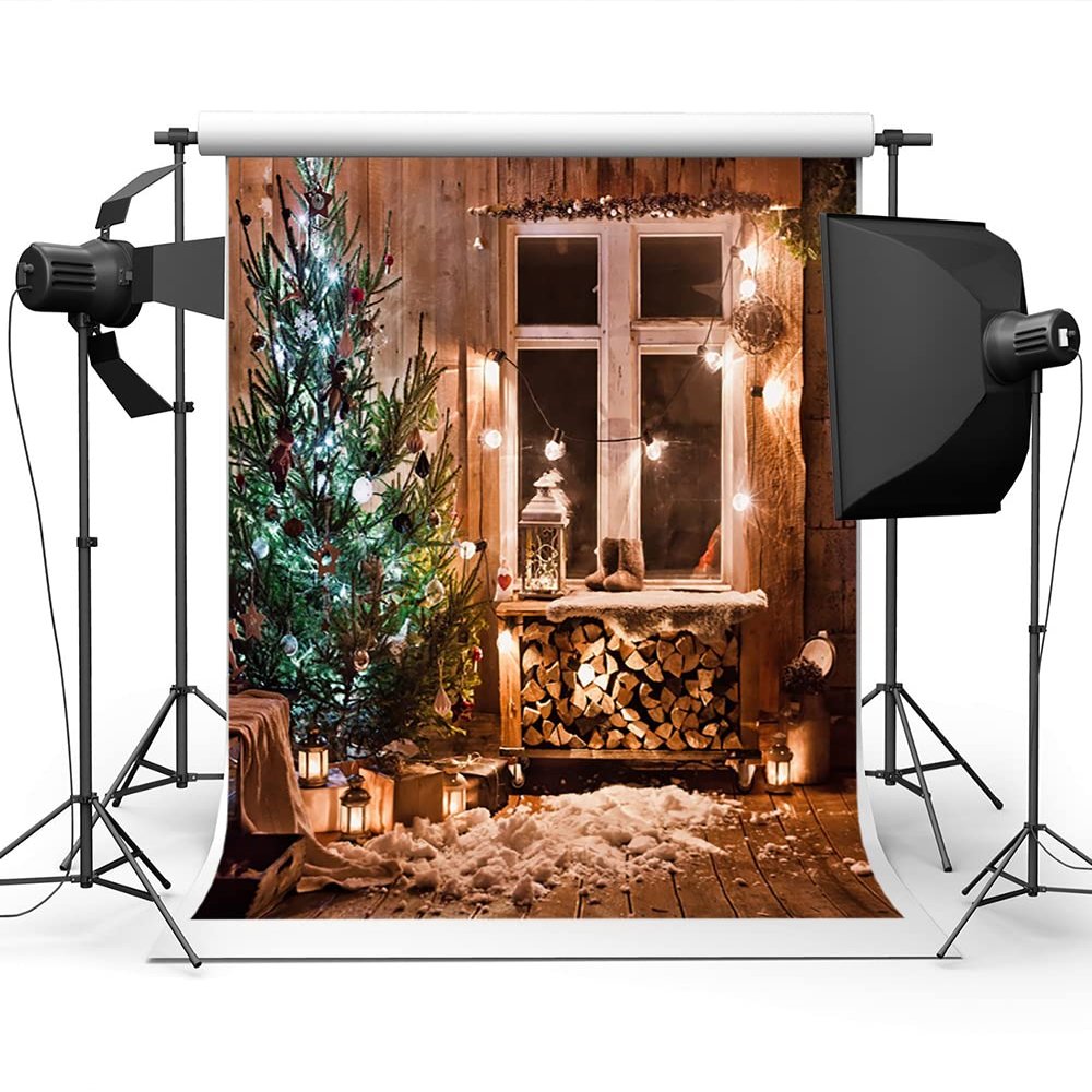 10X20ft Christmas Fireplace Photo Backdrop Wood House Snow Winter Gifts Decoration Photography Background Newborn Portrait Photography Background