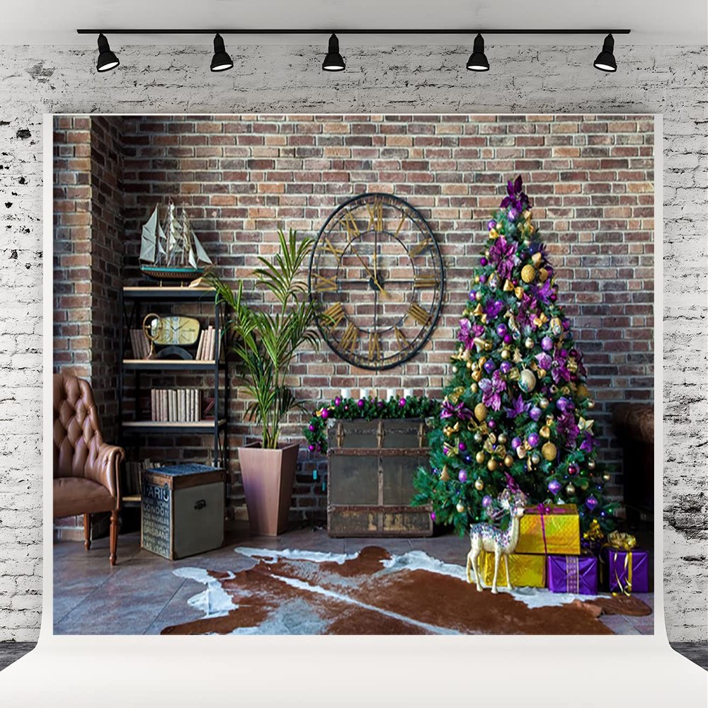 10x6.5ft Colored Christmas Tree Background Brick Wall Background Indoor Christmas Background Family Christmas Party Background Banner
