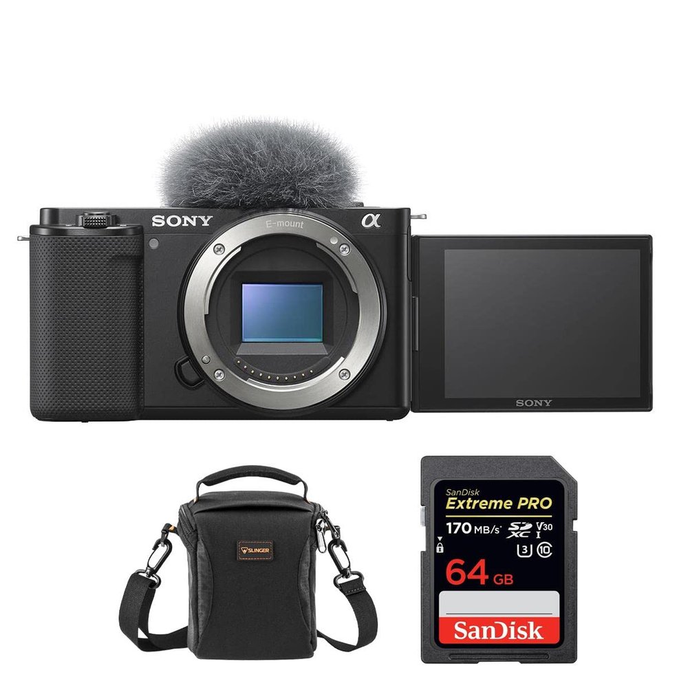 Sony ZV-E10 Mirrorless Camera, Black Bundle with SanDisk 64GB Memory, Slinger Multi-Device Shoulder Bag
