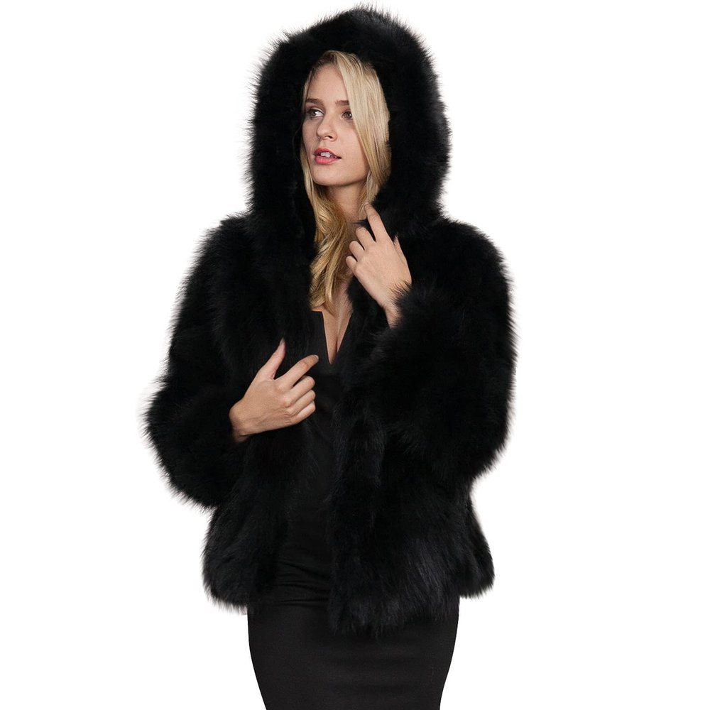 HINDOLA Womens Luxury Jacket Winter Warm Fluffy Faux Fur Short Coat Hooded Parka Outwear
