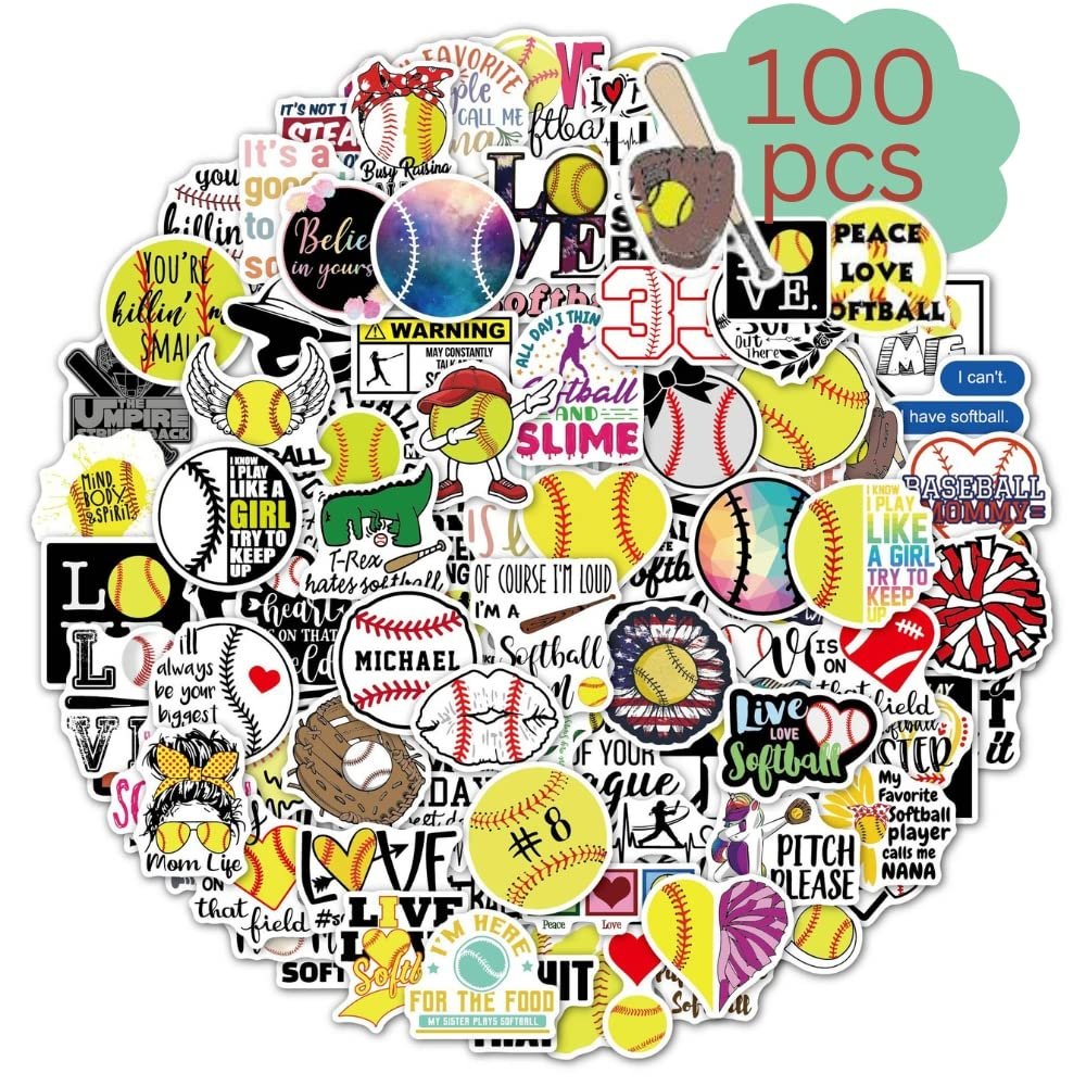 100pcs Assorted Stickers (Softball Stickers, Softball Decals for Skateboard Laptop Water Bottles)