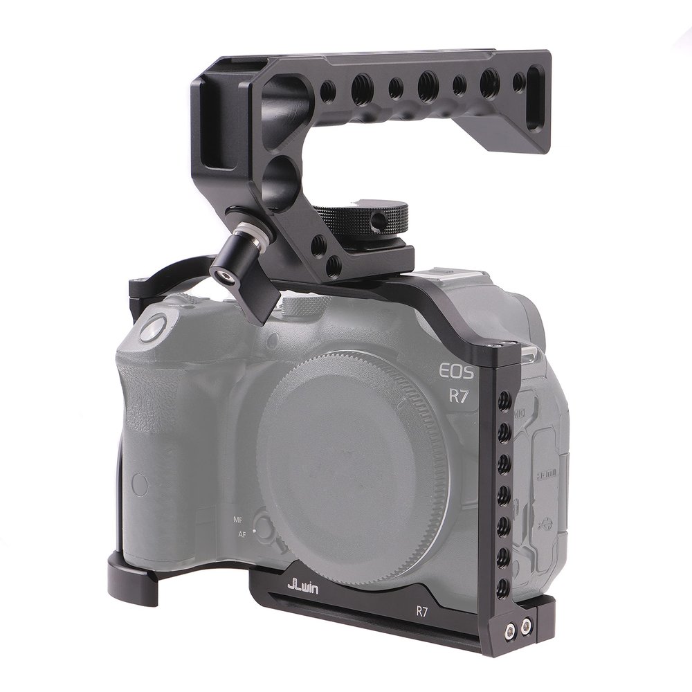 Hersmay EOS R7 Camera Cage with Top Handle for Canon EOS R7 Cage with Quick Release Plate for Arca Stand, Cold Shoe, NATO Rail and 1/4" & 3/8" Threaded Holes