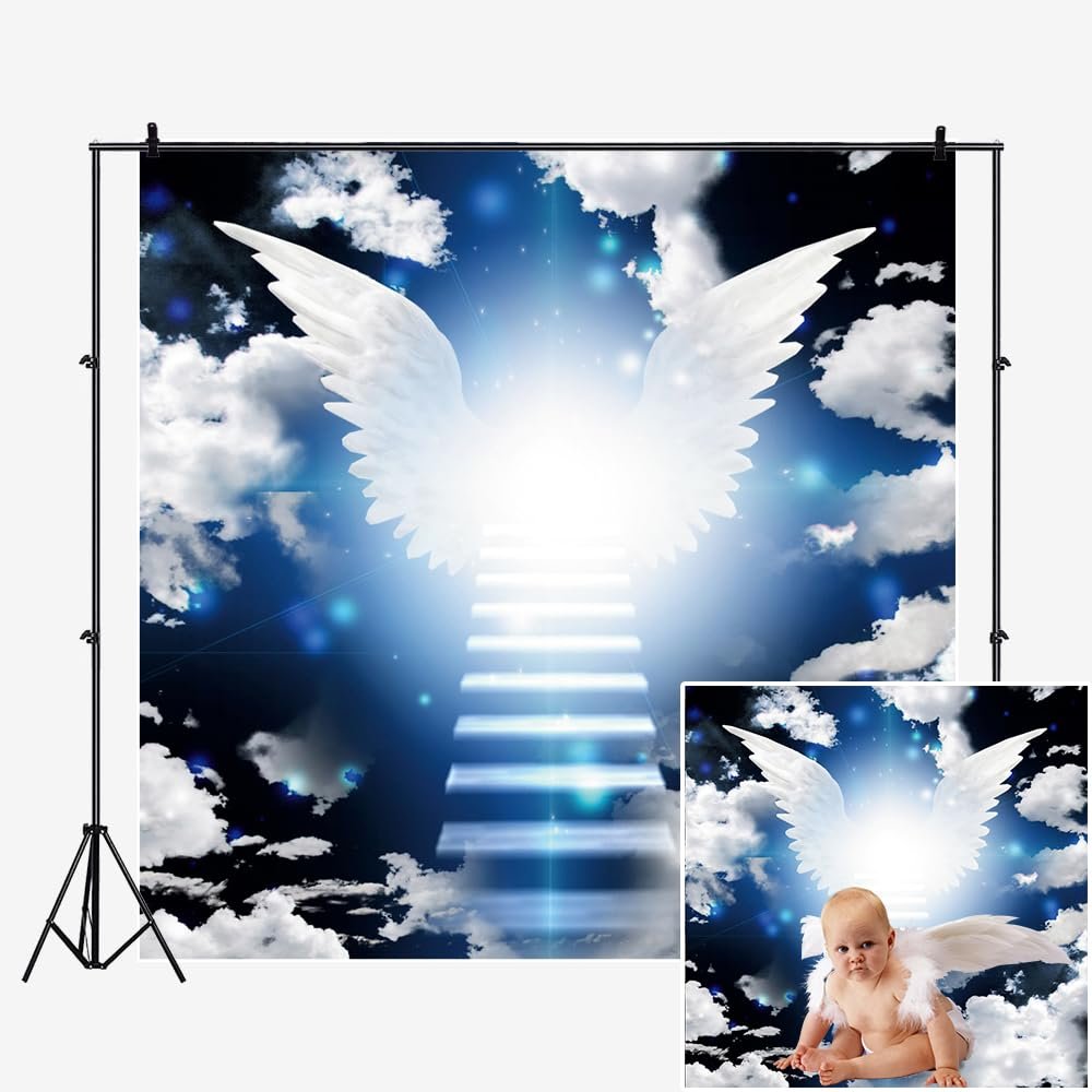 DORCEV 9x9ft Heaven Angel Wing Backdrop dor Baby Shower Photography Background Stairway to Heaven Dark Blue White Cloud Sky Lord Prayer Church Party Wallpaper Child Newborn Photo Studio Props