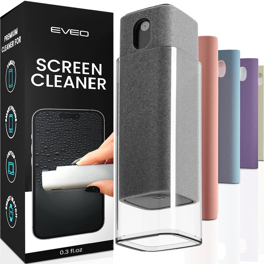 EVEO Screen Cleaner Spray and Wipe - 2-in-1 Car Screen Cleaner & iPhone Cleaner Touchscreen Mist Cleaner for Laptop, Computer, MacBook, iPad and More - 2 Pack (Grey)