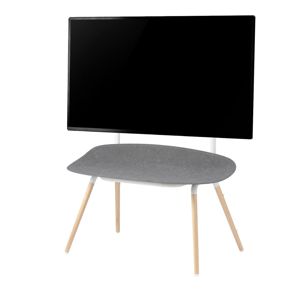 POUT E17 TV Studio Display - Solid Wood Legs Metal Base w/Height Adjustable Black Bracket & Felt Shelf - Supports Max Load 88lbs 55 to 70 Inch LED VESA Screens - Universal TV Mount (White Birch)